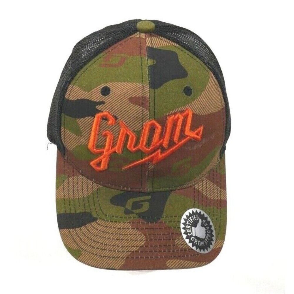 Grom  Camo Ball Cap Trucker Cap Snap Back Hat Orange Spellout New